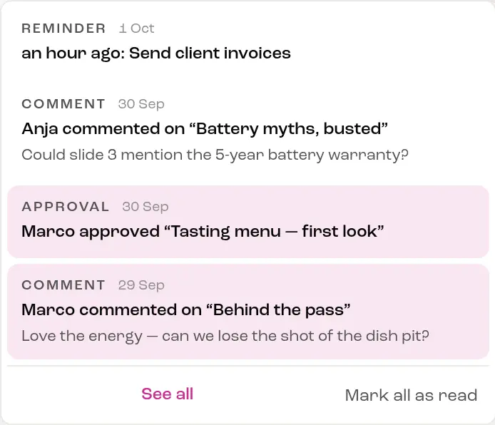 Notifications: Marco approved “Tasting menu — first look”, and two clients' comments on posts.