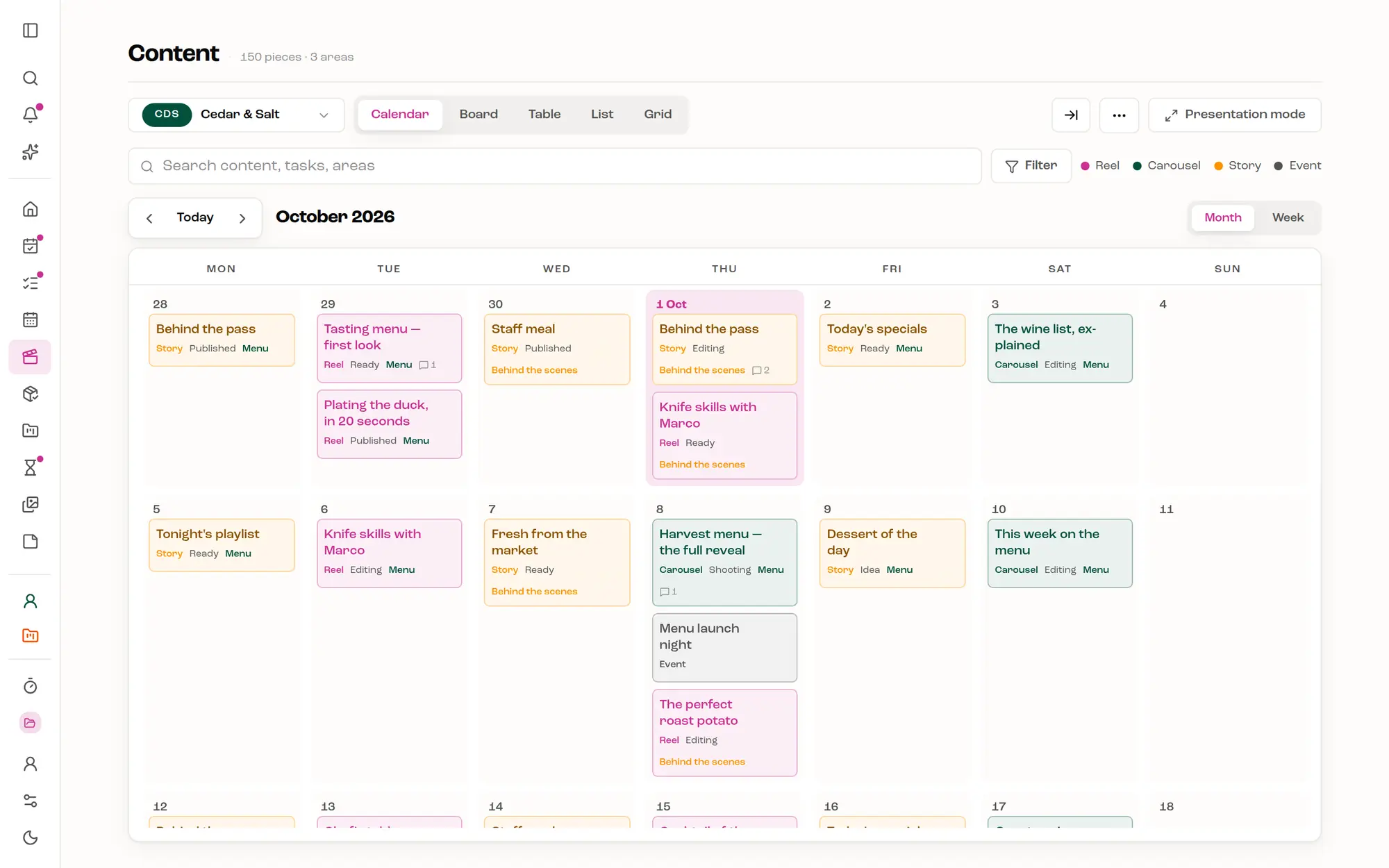 The content calendar for October: posts on their days, colored by type, each with its status and pillar.