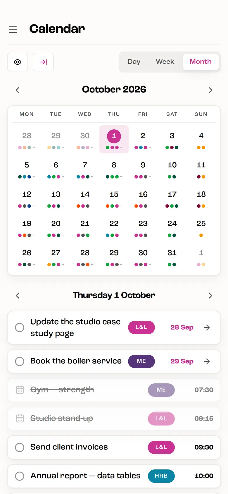 The month on a phone: a dot for each thing on each day, and the chosen day's tasks below.