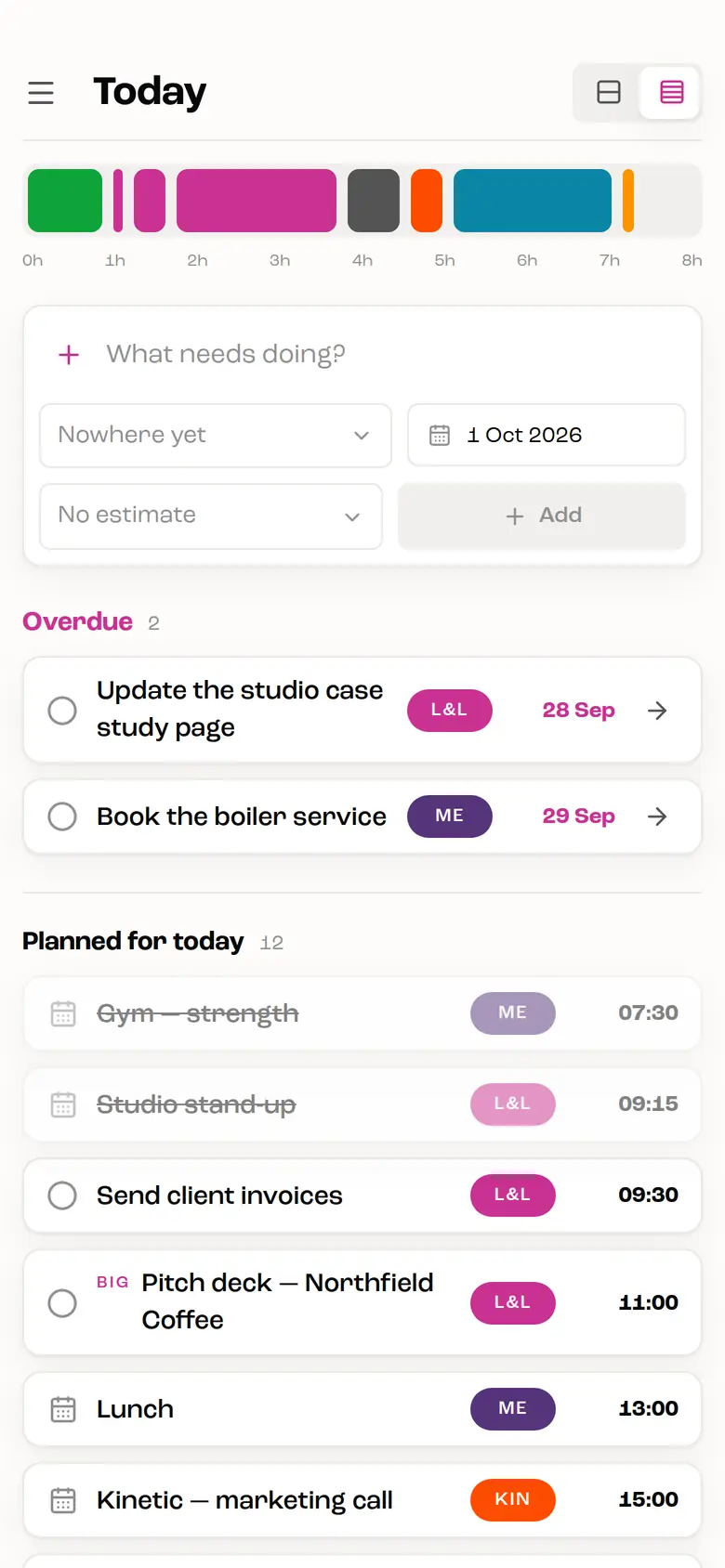 Today on a phone, with the capacity bar and the day's tasks.