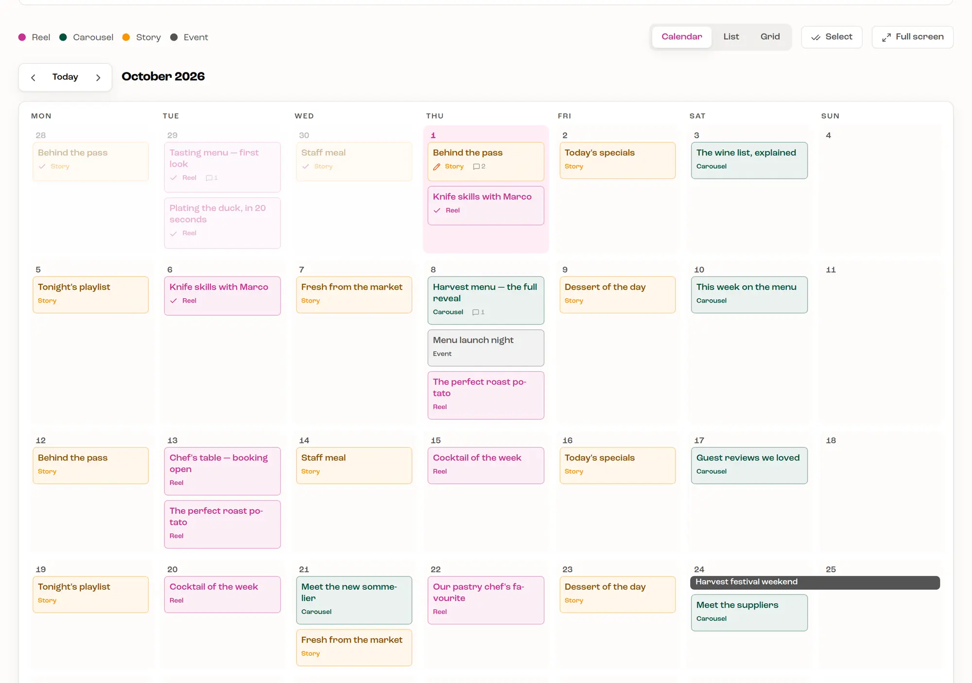 The client's page: the month's posts on a calendar, with a tick on the ones already approved.