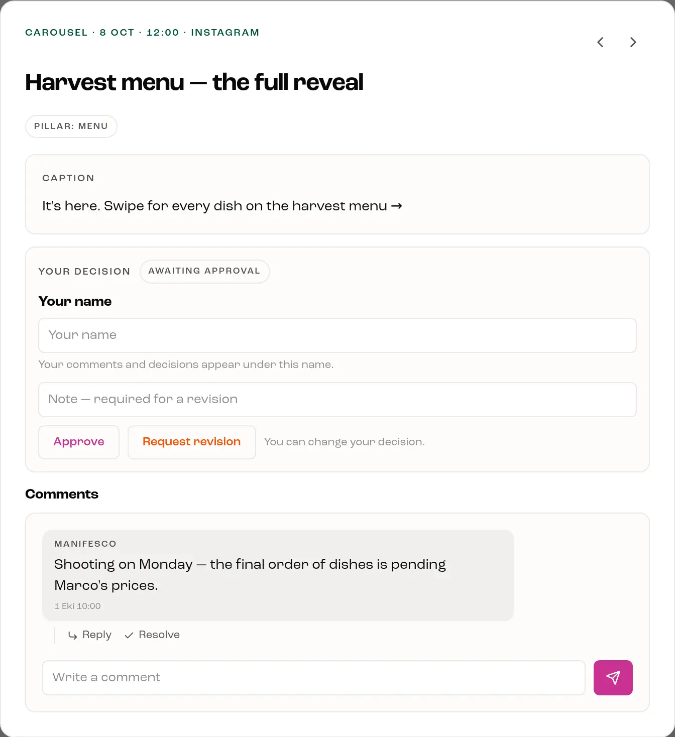 A post as the client sees it: its caption, an Approve and a Request revision button under their name, and the comments.