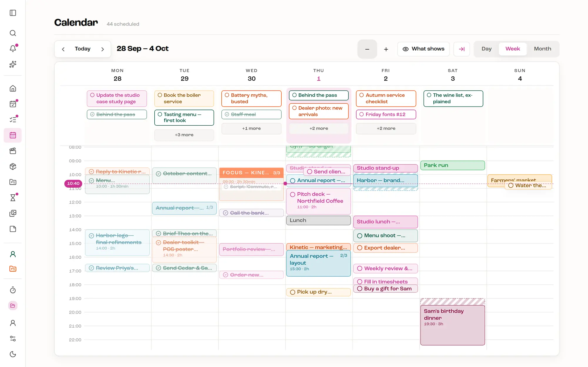 The week from Monday 28 September: posts and undated tasks at the top of each day, and timed work laid out by the hour.